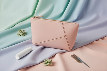 A pink envelope clutch bag placed elegantly on soft pastel fabric, surrounded by small plants and a nail file, from a top-down view.