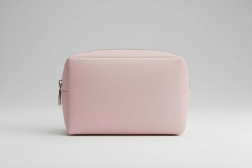 A pale pink leather pouch with a zipper on a plain white surface from a front viewpoint