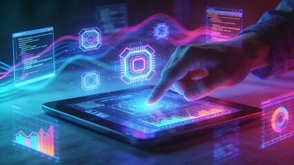 Hand interacting with futuristic digital interface