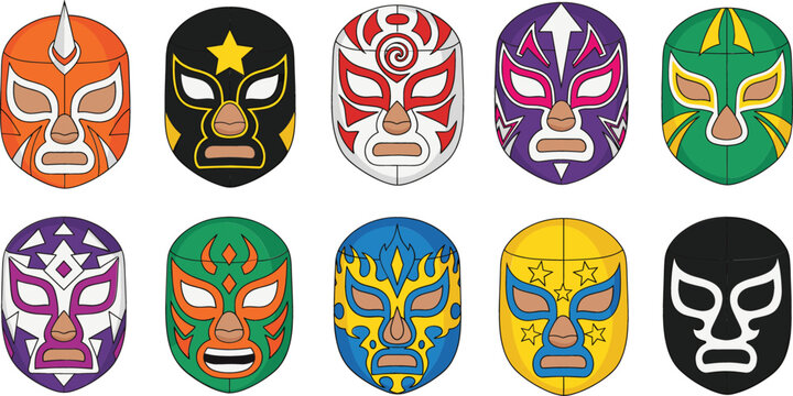 Colorful set of traditional Mexican Lucha Libre wrestling masks vector illustration featuring various cultural designs, superhero styles, and warrior patterns for sports and entertainment graphics.