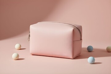 Pastel colored cosmetic bag surrounded by small balls on a soft pink background viewed from a slightly elevated angle
