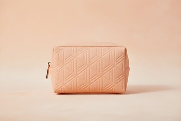 A peach-colored cosmetic bag with a quilted pattern is displayed on a flat surface with soft lighting.