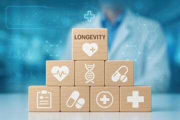 Longevity and Wellness: This image showcases a stack of wooden blocks, each representing key aspects of health and longevity, a concept that encompasses both well-being and longevity