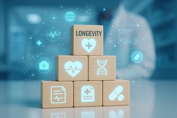 Longevity's Foundation: A conceptual visual of wooden blocks arranged to spell out Longevity with health symbols, depicting wellness, and healthcare elements.