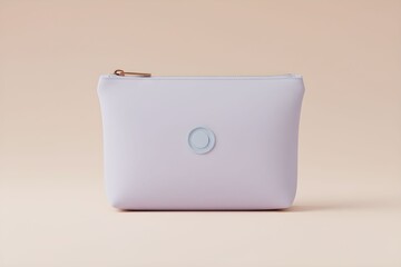 A small, white pouch with a zipper and circular button on a pastel background from a front viewpoint
