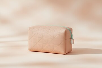 A luxurious leather pouch with quilted pattern and metallic clasp on a soft beige surface viewed from the front