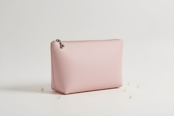 A pale pink leather pouch with a metal zipper stands upright on a plain white surface, viewed from the front.