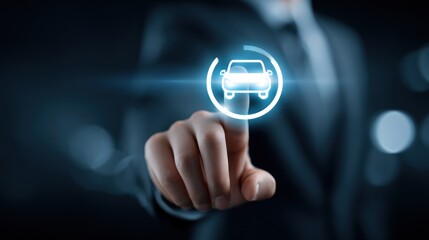 Person interacts with glowing car icon representing transportation technology
