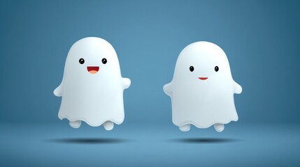 Two friendly cartoon ghosts floating against a blue backdrop