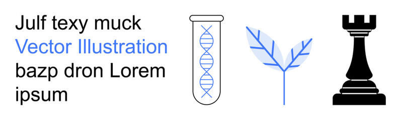 Biotechnology, genetics, nature, research, strategy, minimalism. A DNA test tube, leaf rook chess piece and simple text. Genetics and research concepts © robu_s