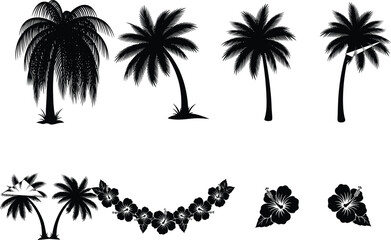 Obraz premium Tropical palm trees and hibiscus flower silhouettes collection featuring exotic island nature elements illustrated in detailed black vector style
