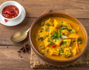 A bowl of yellow curry with chicken, herbs, and spices on a wooden table, viewed from above, as seen in image (20).jpg