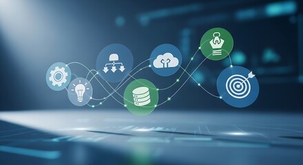 Digital transformation journey with interconnected business icons representing strategic planning, data management, cloud computing, and innovation for achieving organizational goals and future growth