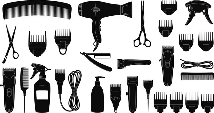 Vector set of professional barber shop tool silhouettes including scissors clippers combs and hair dryer for salon design.