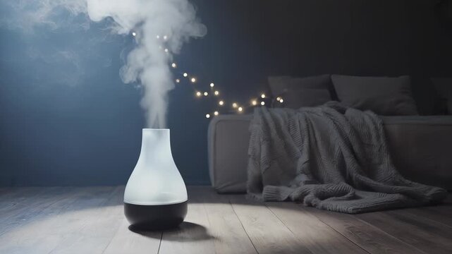 An aroma diffuser made of frosted glass releases mist slowly in a dim living room. Warm string lights glow softly in the background as soft blankets add comfort to the space