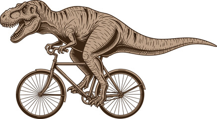 Vintage Illustration of Tyrannosaurus Rex Humorously Riding a Bicycle with Tiny Arms and Classic Wheels in a Surreal Scene © Yeasrin