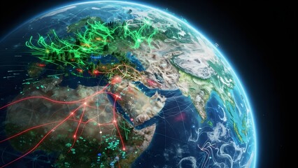 Conceptual digital art: Earth from space with glowing data streams and neural networks visualizing forest growth (green), carbon emissions (red), and ocean health (blue).