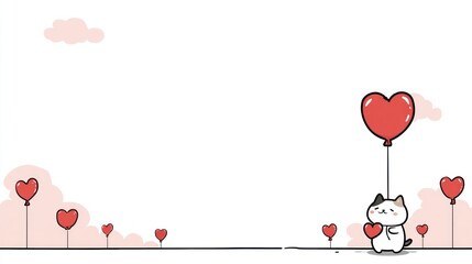 Cartoon cat holding heart balloon against sky with decorative elements