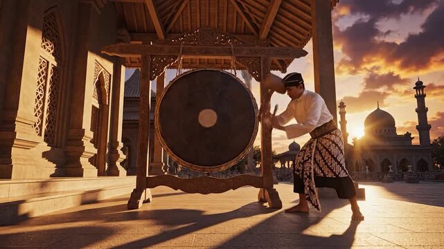 Man striking large gong in front of mosque at sunset