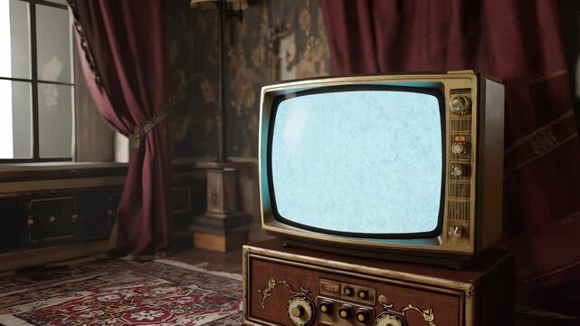 A boxy television from the Soviet era shows static noise and flickers in a modest apartment. The room contains faded rugs and heavy furniture that reflect a past time