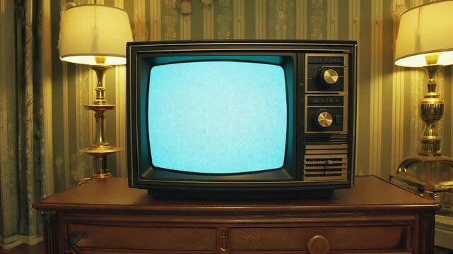 A boxy TV displays static noise with an old style. The room features dark wooden furniture, faded rugs, and lamps. A sense of nostalgia fills the space as time seems to stand still