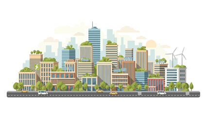 Fototapeta premium Cityscape illustration with modern buildings, trees, and wind turbines in a flat design style from a frontal viewpoint