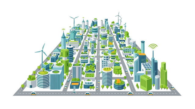 Sustainable cityscape with green buildings and wind turbines viewed from above