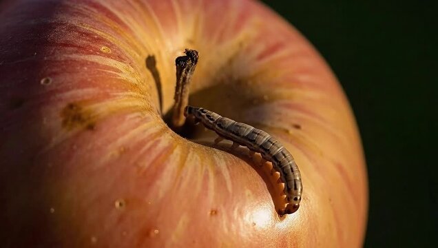 Close-up Video of a Caterpillar Crawling on a Ripe Red Apple