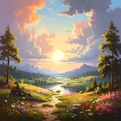 A serene landscape with trees, flowers, and a river flowing through a valley at sunset, captured from a distance, image (26).jpg