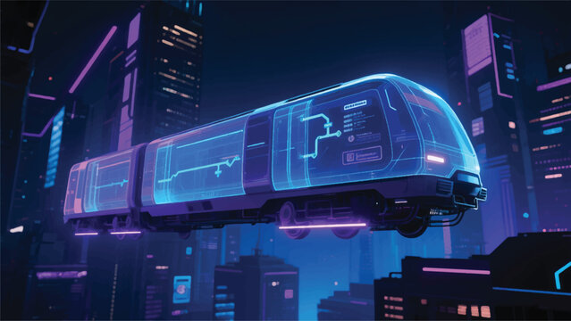 Illustration Of A Futuristic Train Floating With Holographic Transparent Walls, Route Displayed In The Air, Night Cityscape Atmosphere Vector Design Template
