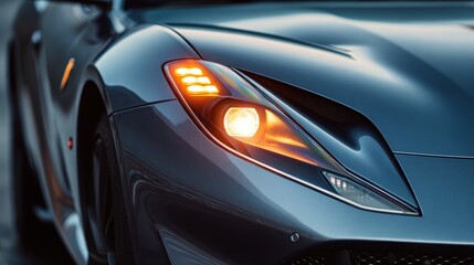 Sleek modern car headlight detail with vibrant illumination against a dark background
