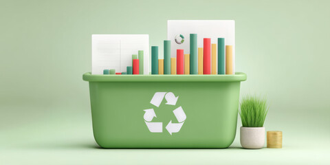 Business green recycling bin with colorful bar charts and eco plant showing sustainable data