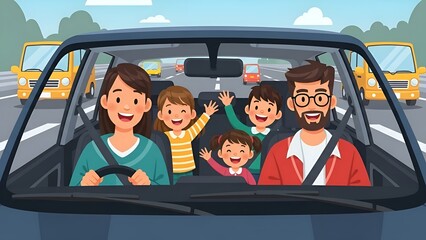 Family in a car smiling, driving on a highway with other vehicles