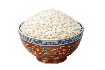 Cooked white rice filling vibrant asian bowl with traditional floral pattern, transparent background