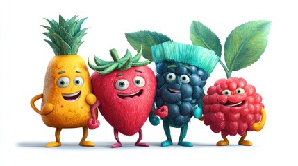 Smiling cartoon fruits pineapple strawberry blackberry raspberry on white