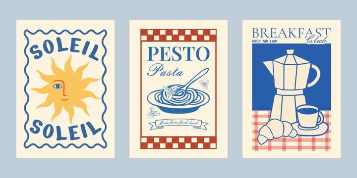 Retro la dolce vita kitchen prints with mediterranean vibes. Mediterranean poster collection with retro food and travel illustrations