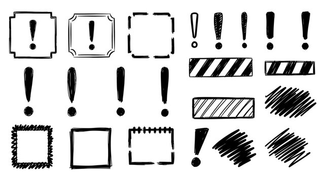 Collection of various hand-drawn exclamation marks, boxes, and shading styles in black ink