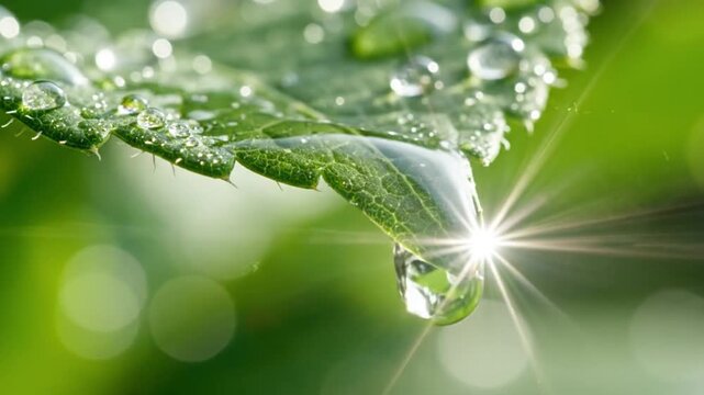 Macro view of water drop falling from green leaf tip with sun flare and bokeh background