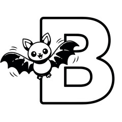 Fototapeta premium vector A playful black and white illustration featuring the uppercase letter 'B' accompanied by an adorable cartoon bat with large eyes and a happy expression, suggesting 'B for Bat'.