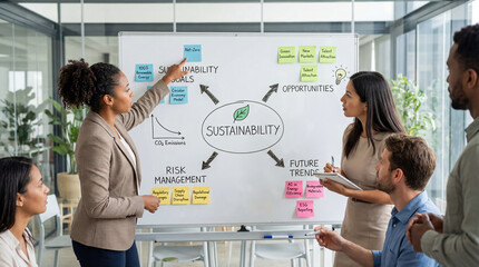 Sustainability strategy meeting with consulting team discussing ESG goals with risk management, opportunities and future trends sections on whiteboard with sticky notes in modern office