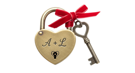 Vintage Heart Padlock With Initials Al Key And Red Ribbon