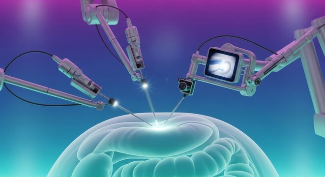 Advanced robotic surgical arms performing a minimally invasive procedure, showing extreme precision and reducing recovery time for medical treatment, sterile, hospital, automation