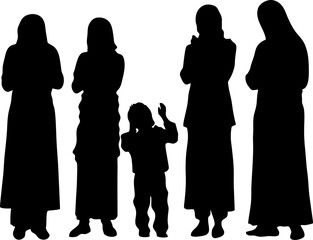 Silhouette of a Muslim Family Standing and Praying Together with Raised Hands