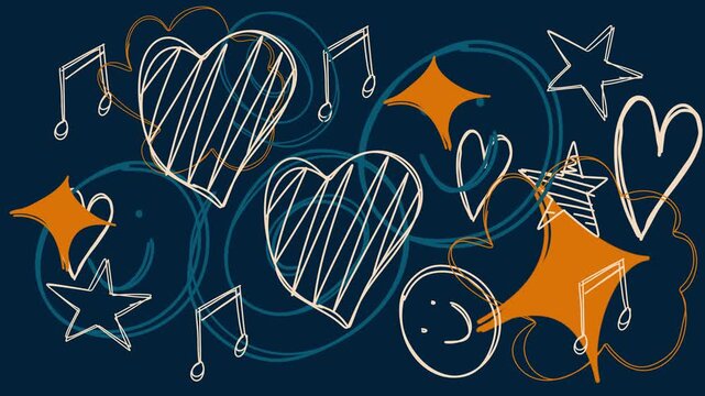 Colorful Doodle Pattern Video Animation&ndash; Hearts, Stars, and Musical Notes on Dark Background