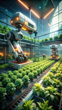 Futuristic farming robots tend to vibrant crops in a stateoftheart vertical garden