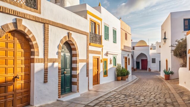 Traditional Tunisian architecture dominates the narrow streets of Guellala village on Djerba island, showcasing unique Ottoman influences and rustic c