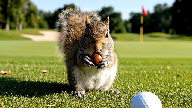 Gray Squirrel Holds Acorn on Golf Course Green with Golf Ball and Flagstick in Background Sunny Day