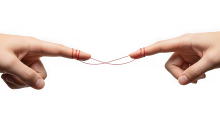 Red string between two index fingers, representing destiny connection and fate, relationships and soulmates