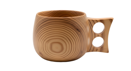 Wooden tree stump mug isolated on transparent background with handle and holes