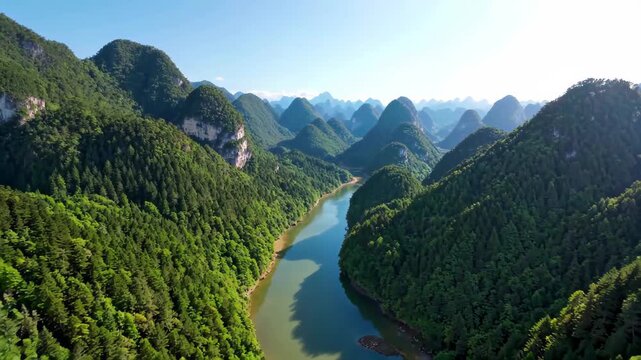 Aerial photography of natural scenery where mountains and rivers depend on each other
